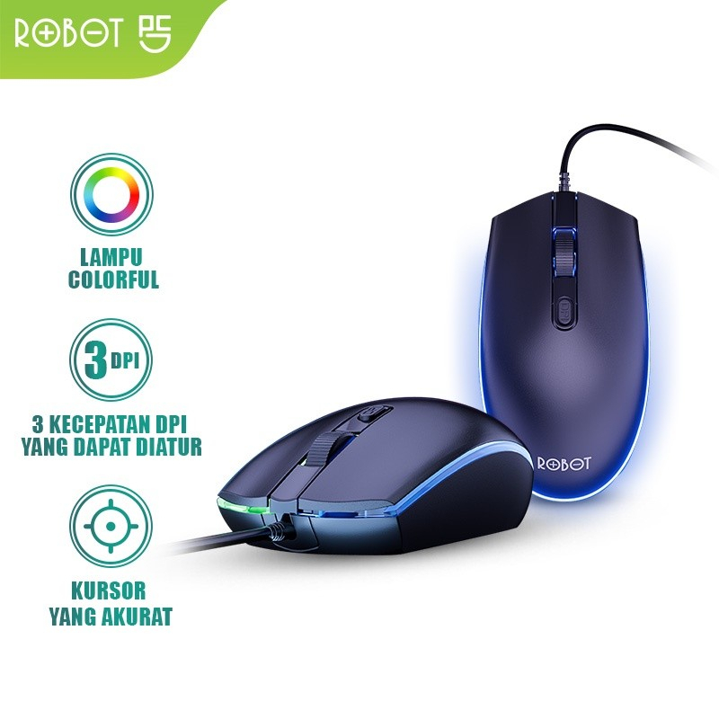 Robot M130 Colorful LED Wired Mouse Kabel Office Mouse 3 Kecepatan DPI