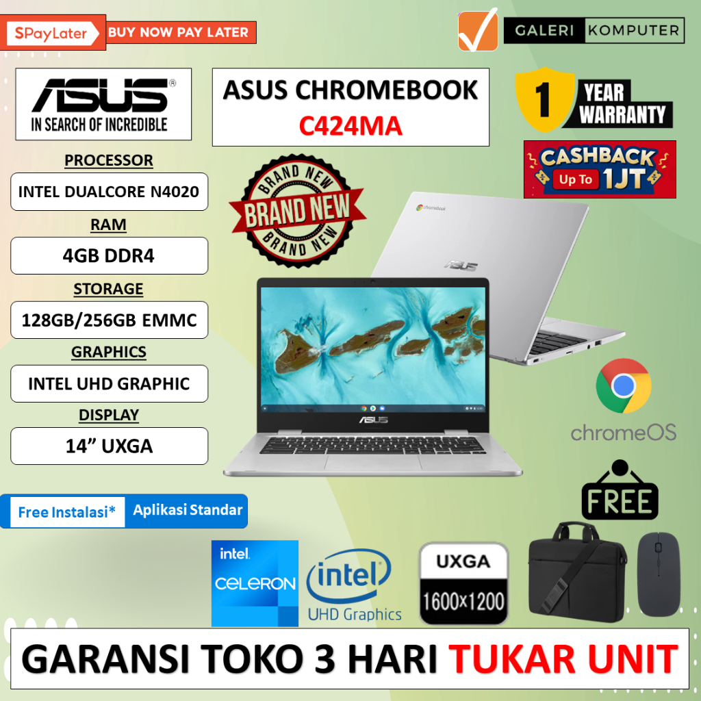 Laptop slim Asus Chromebook C424MA Intel N4020 RAM 4GB 256GB Full HD 14 Chrome OS