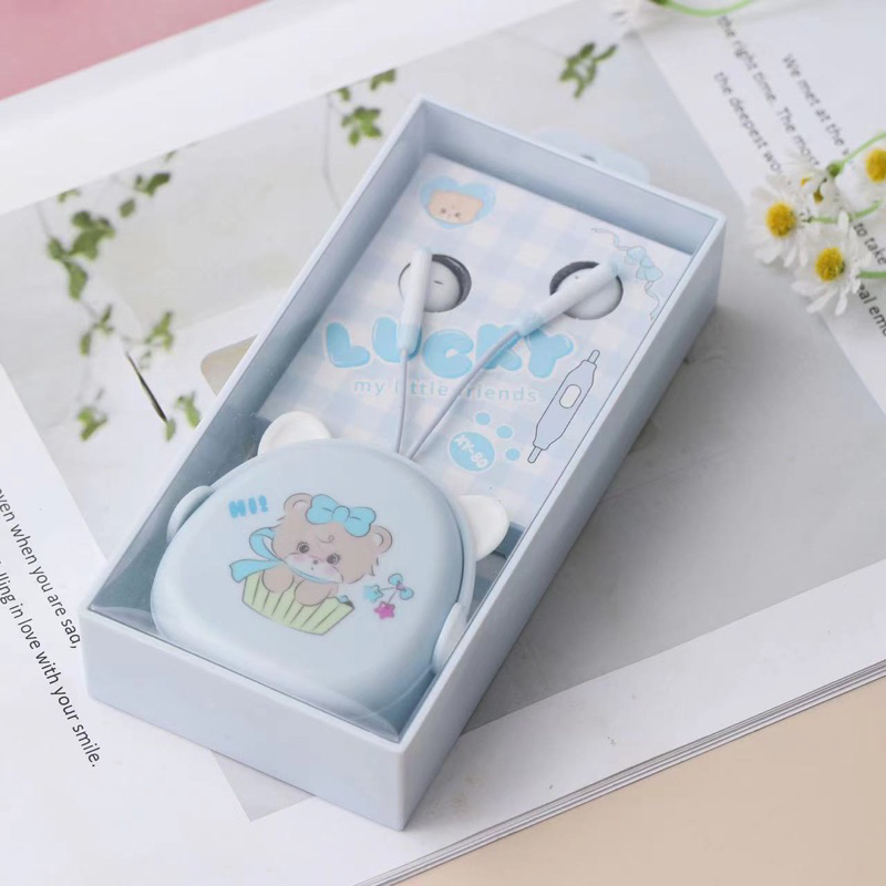 [ XY 80 ] Set Headset Earphone karakter l Lucky Happy/ + Wadah Earphone Motif