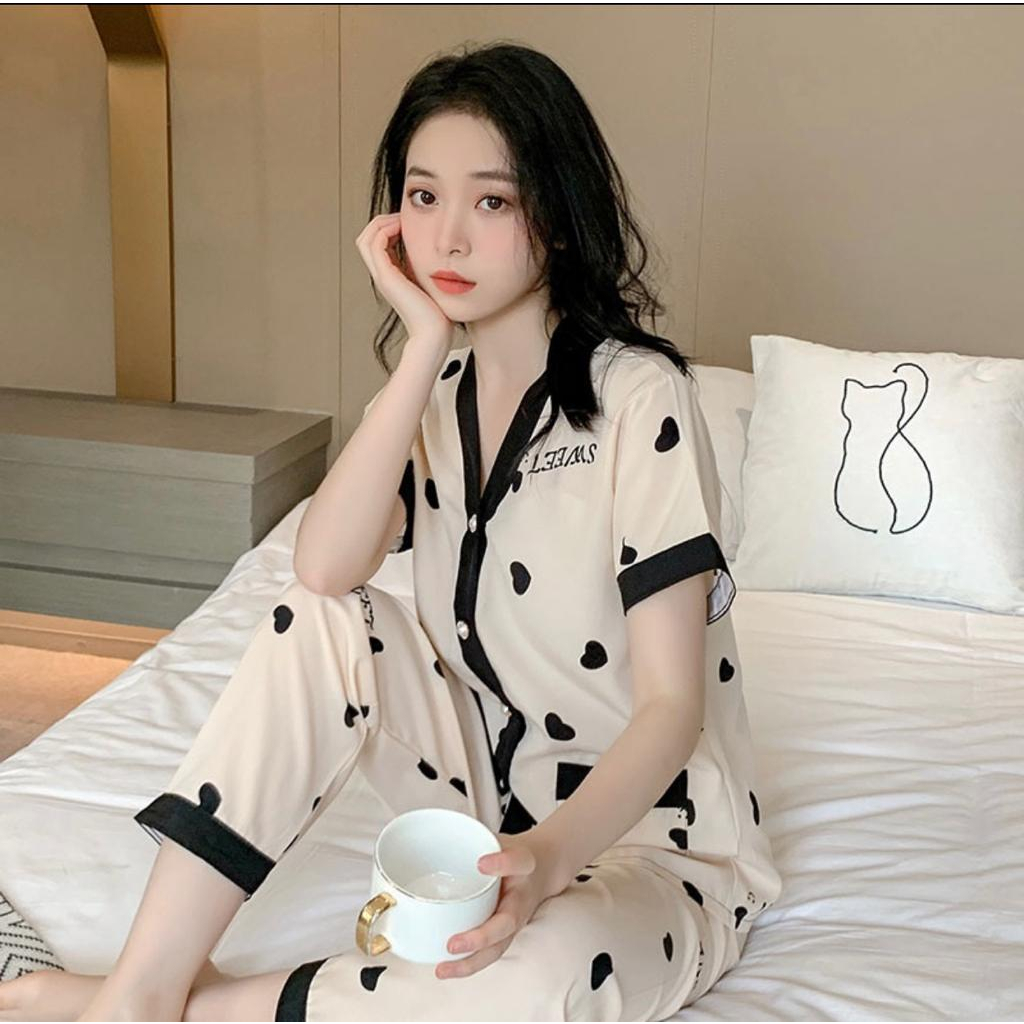 TERBARU!!! Piyama Wanita Kancing Design Pearl Celana Panjang Lengan Pendek IMPORT Best Quality / Baju Tidur / Piyama / Piyama Wanita / High Quality / Sleepwear