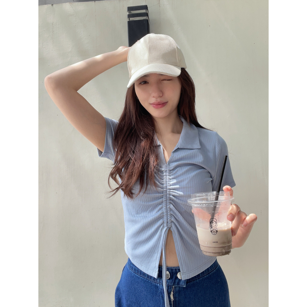 Kadaka T-0466 Top Scrunch Serut Detail Kerah Knit Korea