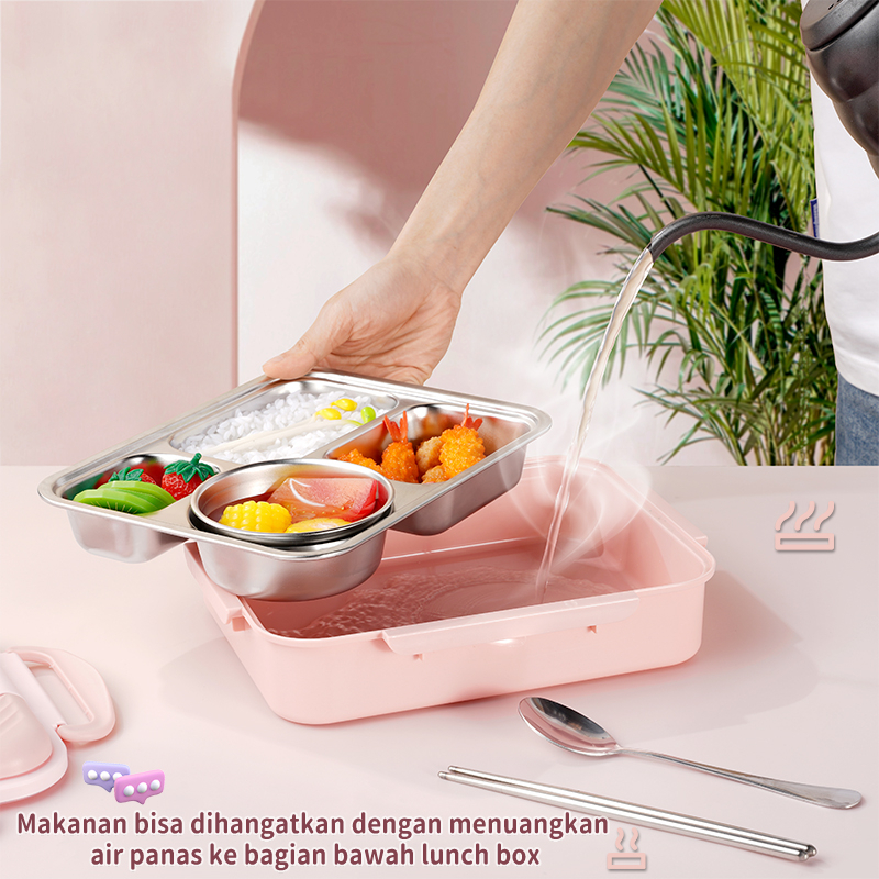 Letyeah &amp; Kaizenliving Lunch Box Kotak Makan 4 Sekat Stainless Tahan Panas Tempat Makan Food Grade Free Sendok