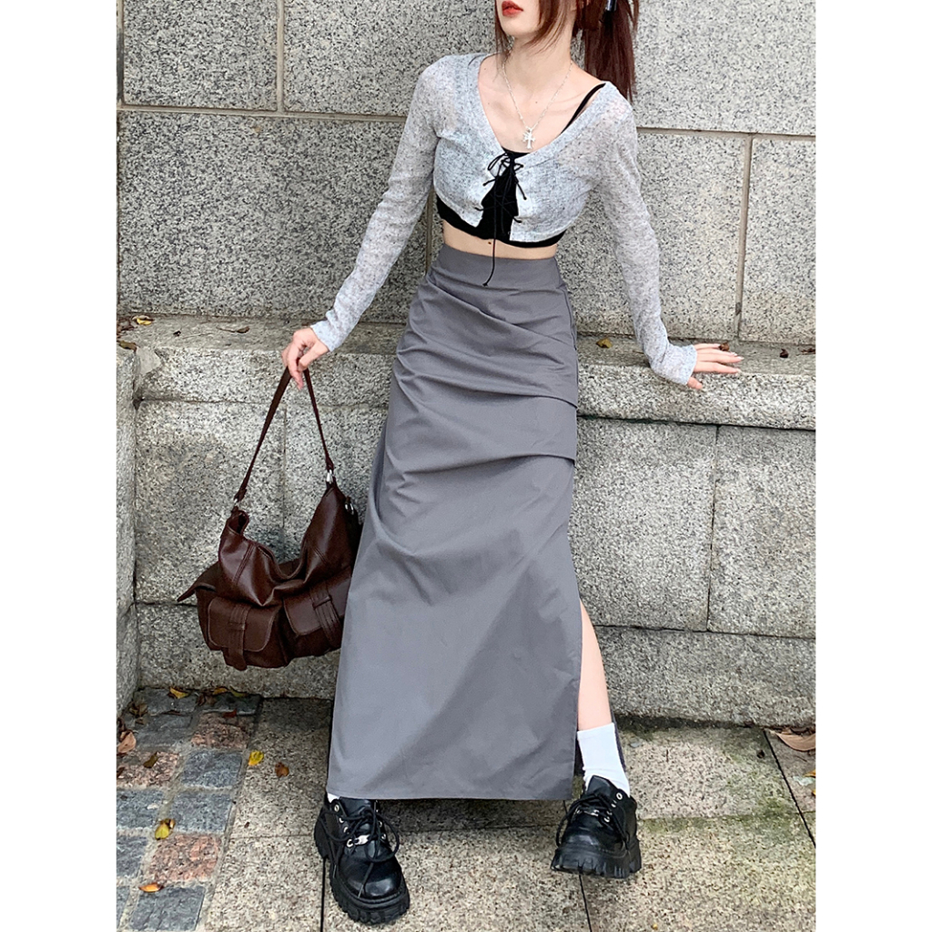 Skirt Korean Style Split High Waist Rok Plisket Panjang Polos