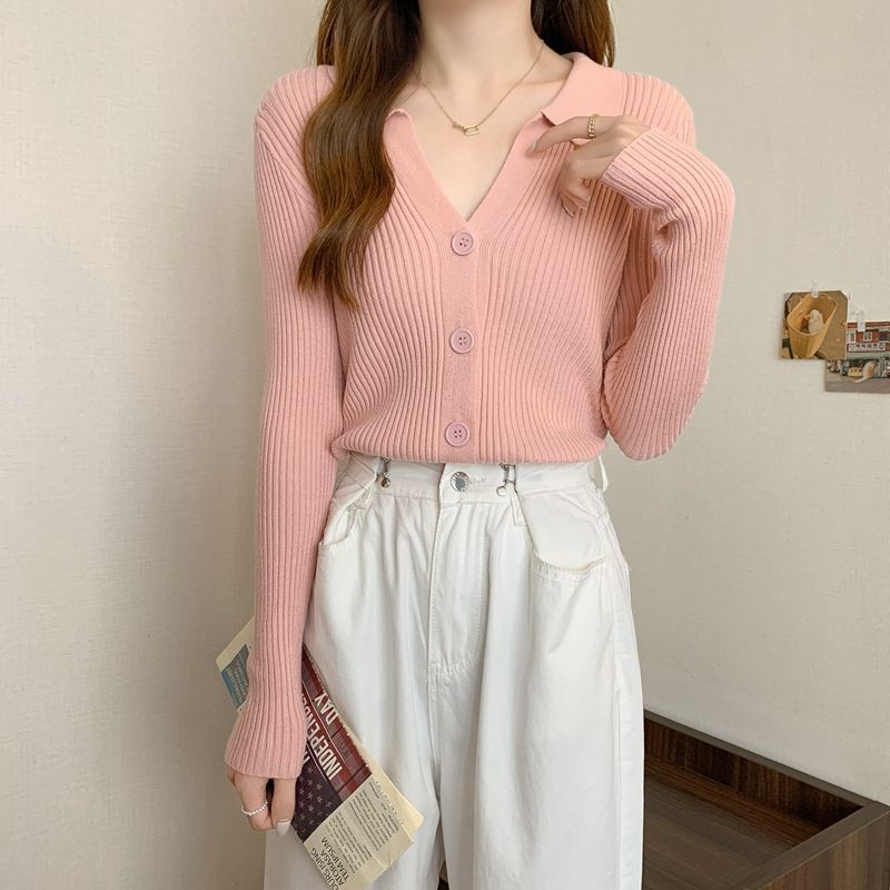 YIU YIU Rajut - Cardigan Rajut Wanita Polos Lengan Panjang V Casual Blouse