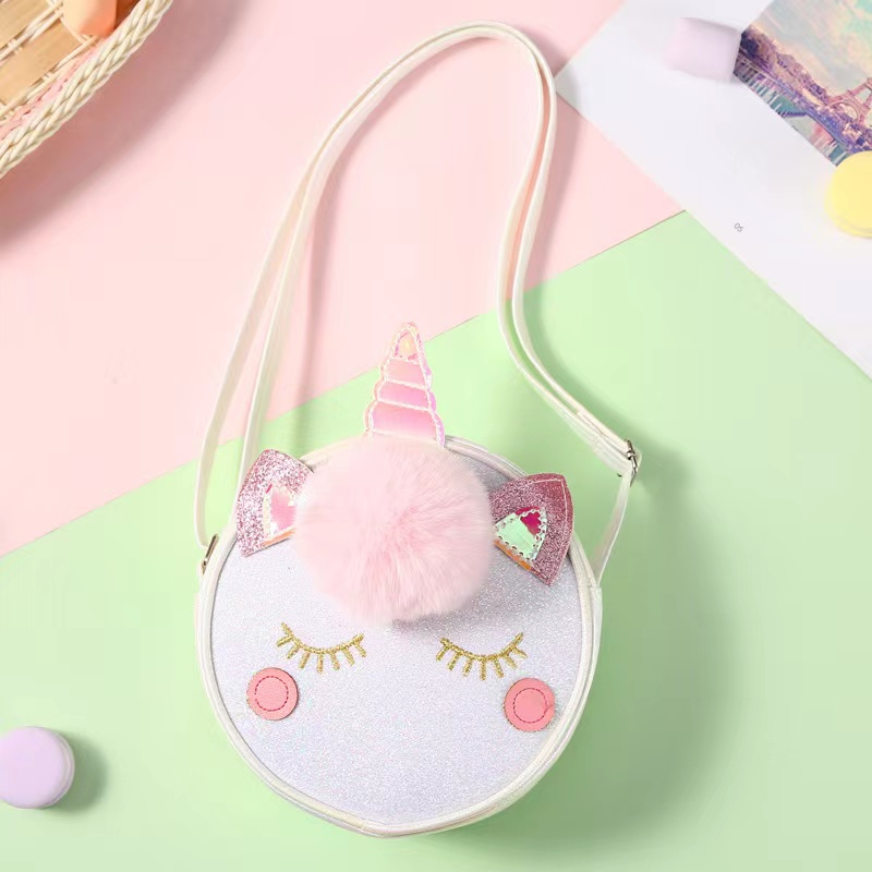 Unicorn Messenger Bag Unicorn Tas Bahu Glitter Kartun Lucu Dompet Koin Anak-anak Tas Travel Tas Penyimpanan Tas Bulat