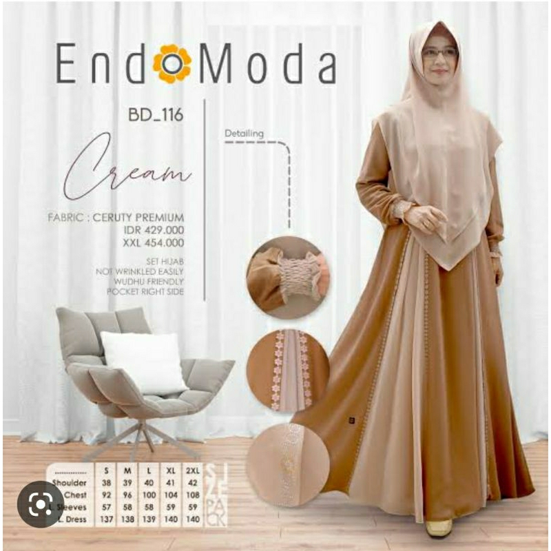 Dress Endomoda BD 116 cream Gamis Pesta set hijab