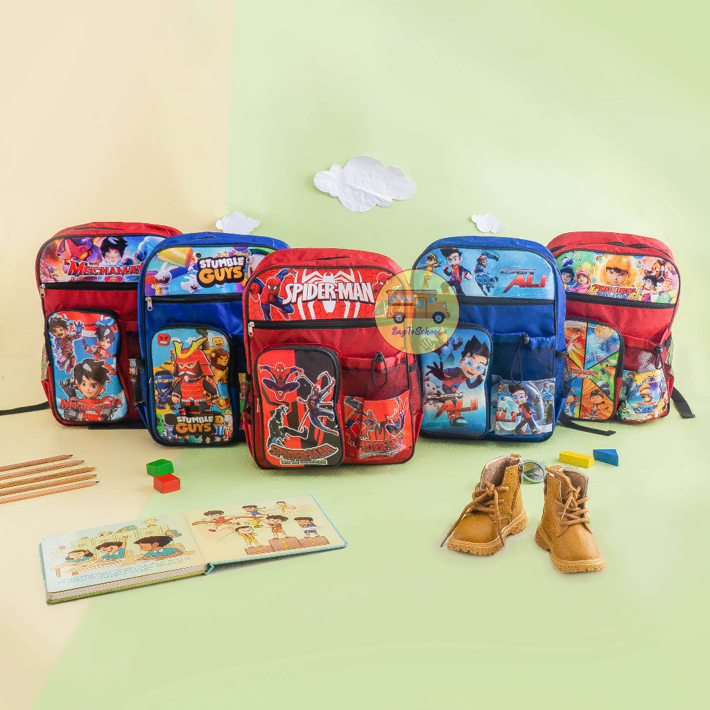 Tas Anak Ransel Fashion Sekolah Anak Laki laki PAUD TK SD Stumble Guy, Mechamato, Ejen ali, Spiderman dan Boboiboy