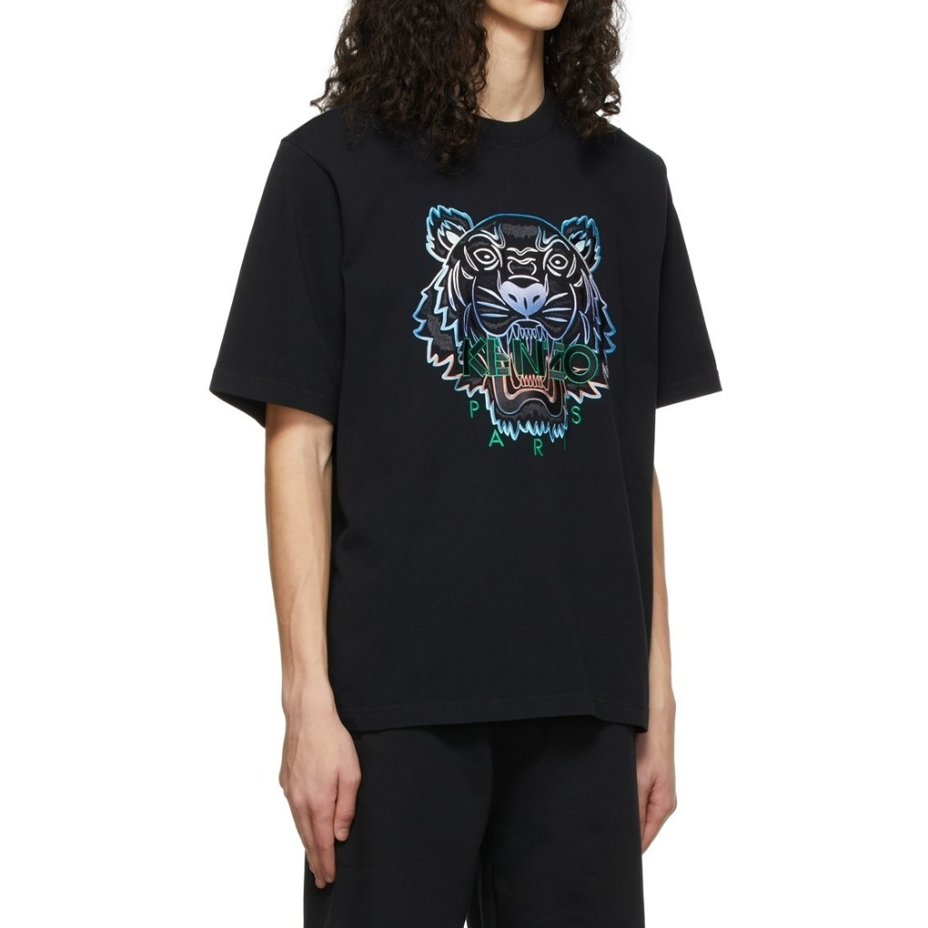 Knzo Men Embroidered Gradient Tiger Tee Black/ Green White Blue