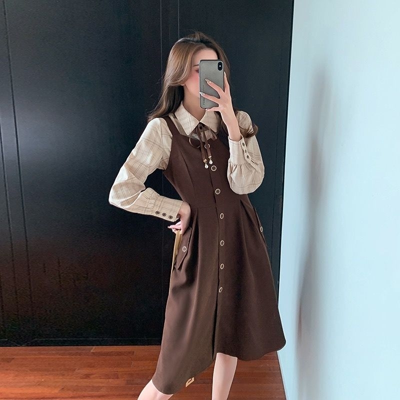 Dress Fashion Korea Coklat Two Pieces  M430