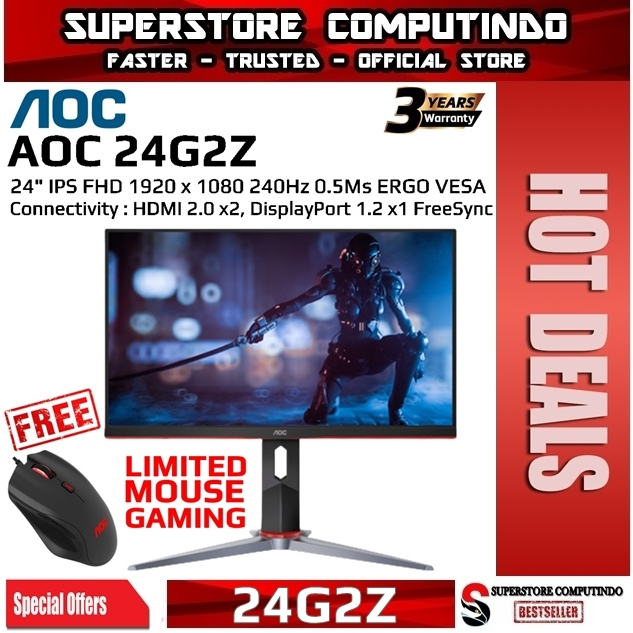 Monitor LED AOC 24G2Z 24&quot; IPS 1080p 240Hz 0.5ms HDMIx2 DP HDR FreeSync