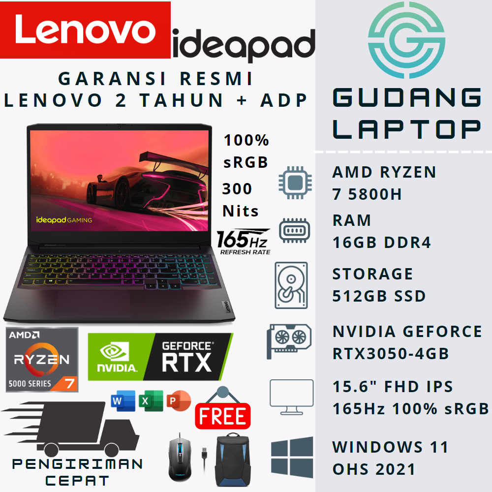 LAPTOP GAMING LENOVO IDEAPAD GAMING 3 15ACH6 RTX3050 RYZEN 7 5800H 16GB 512GB SSD 165Hz sRGB W11 ADP