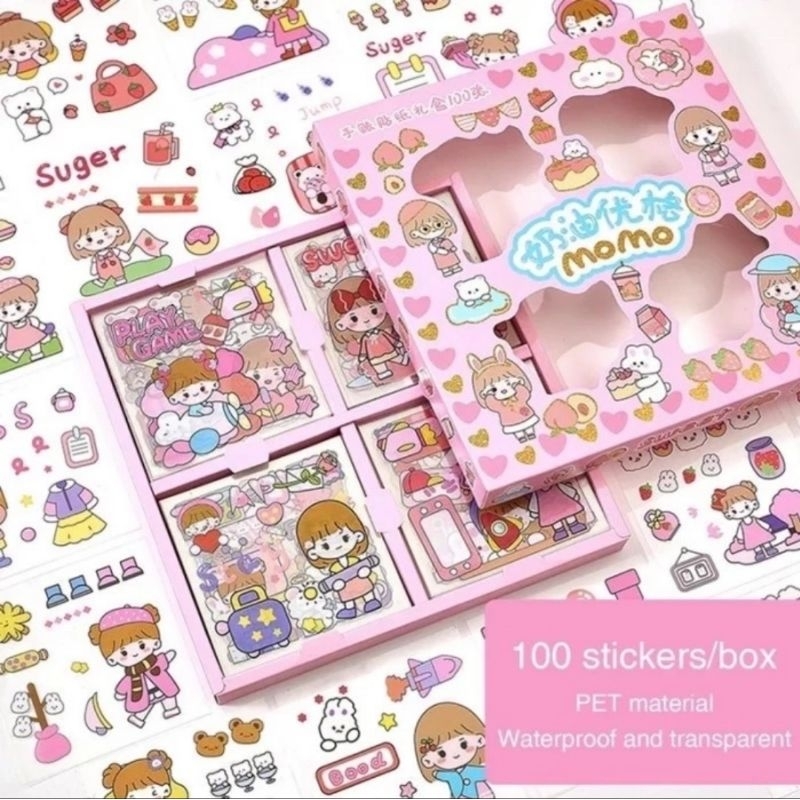 Sticker Momo 2D Viral 1 box isi 100 lembar / Stiker Lucu Motif Kartun Korea Anti Air Waterproof Aesthetic per box