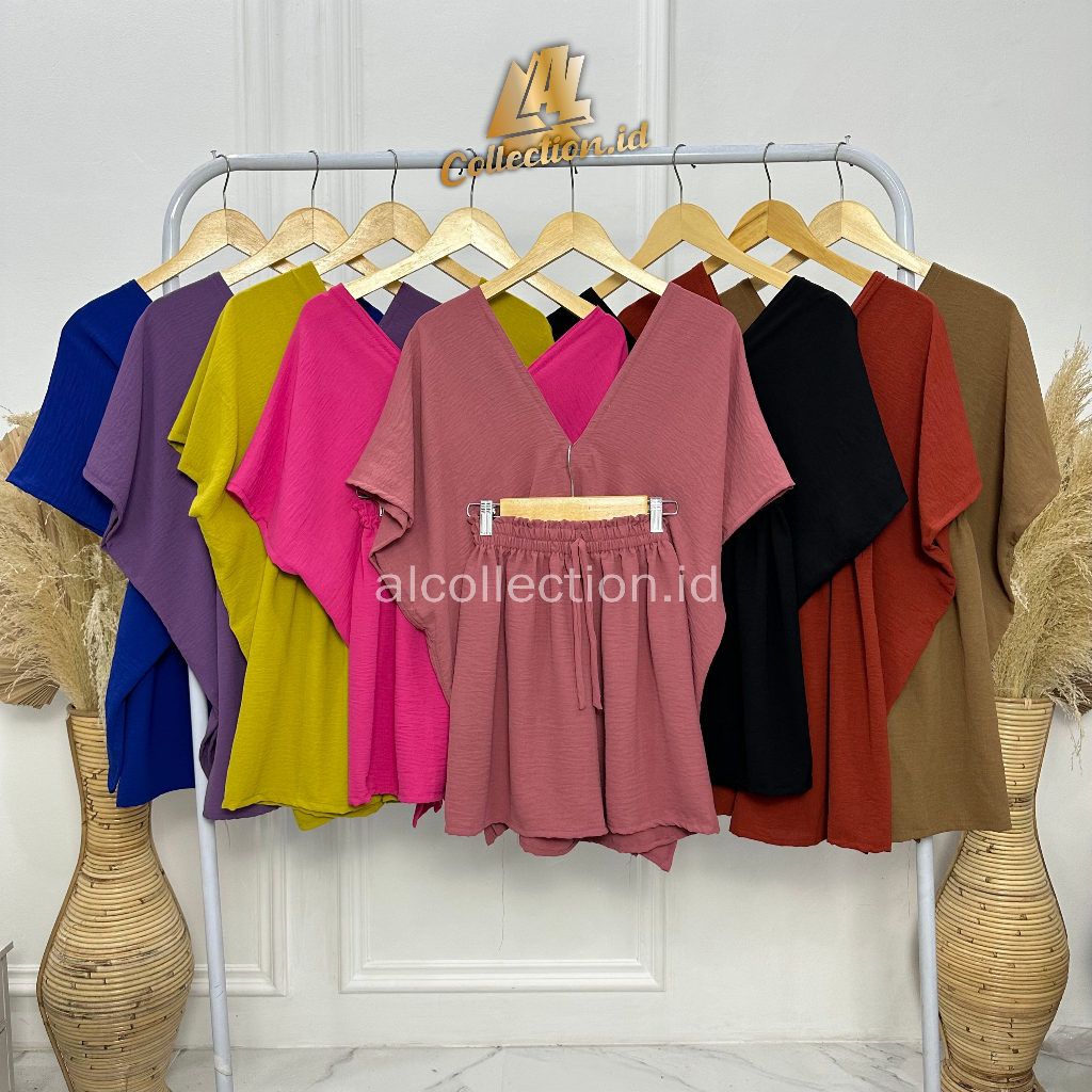 ALCollection - Setelan One Set Pendek Square V Neck Cringkel Jumbo LD 130 Terbaru Wanita Crinkle Airflow