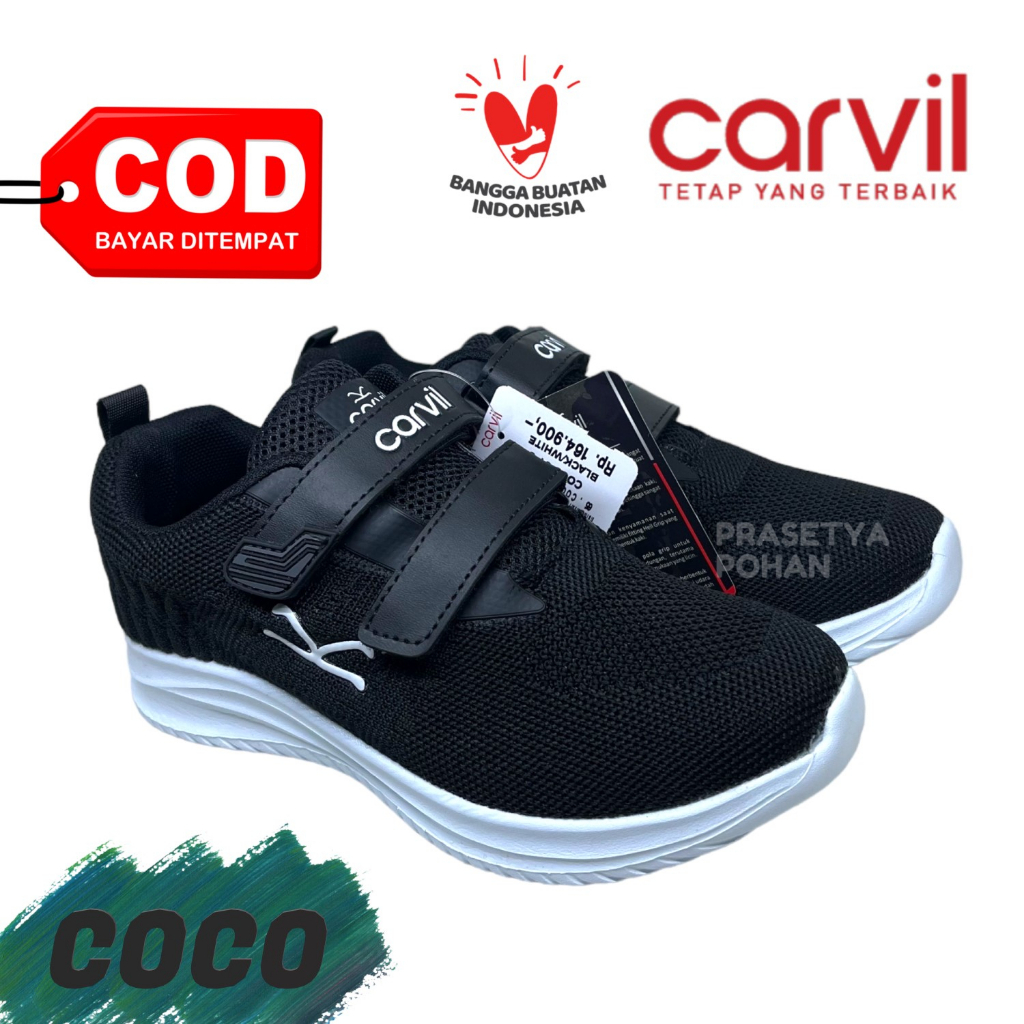 Sepatu Sekolah TK SD SMP Anti Slip Original Carvil - Sepatu Anak Laki dan Perempuan TK SD SMP - Hitam Putih Tali
