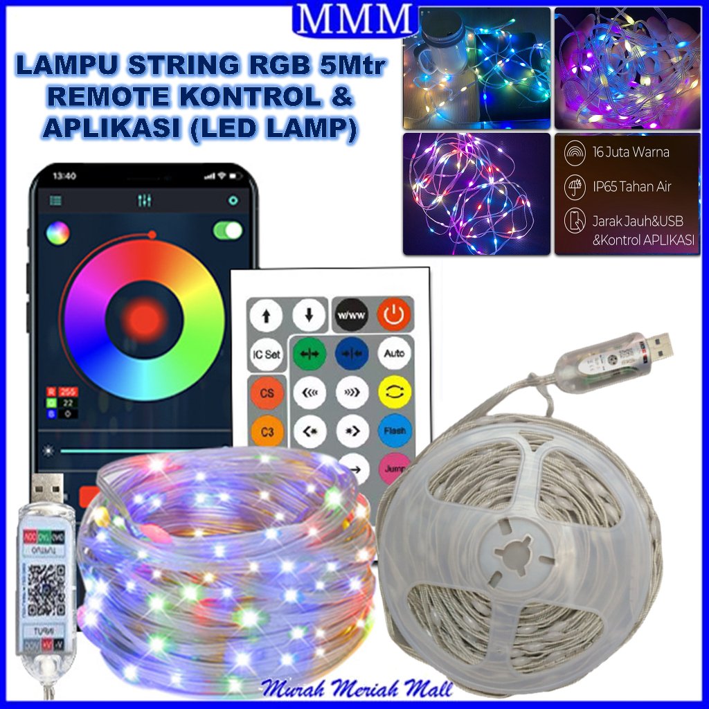 MMM Lampu LED String RGB 5Mtr 100 LED Remote Bluetooth Apk Lampu LED Strip Hias 5 Mtr Mode Musik Kontrol Remote Aplikasi Jarak Jauh Anti Air Dekorasi Kamar Tidur Pesta  Murah Import