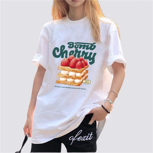 XIAOZHAINV Kaos Atasan Wanita Cake Art Pattern Lengan Pendek A0267