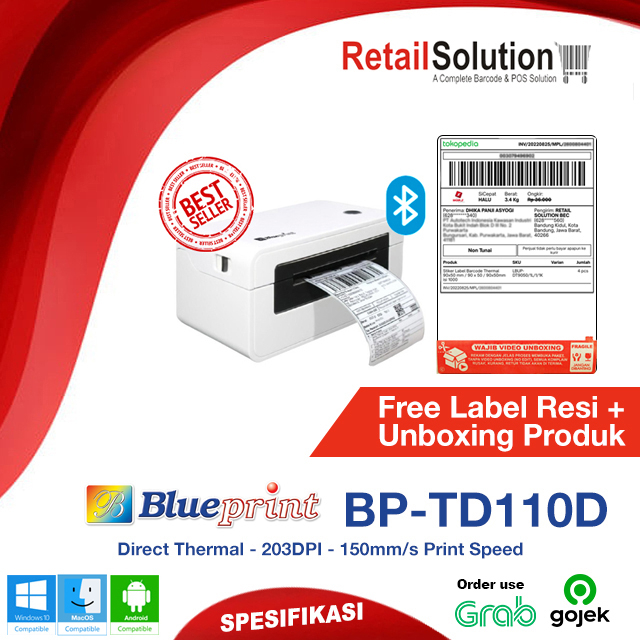 Printer Barcode Label Thermal Bluetooth - Blueprint TD110D / TD-110D