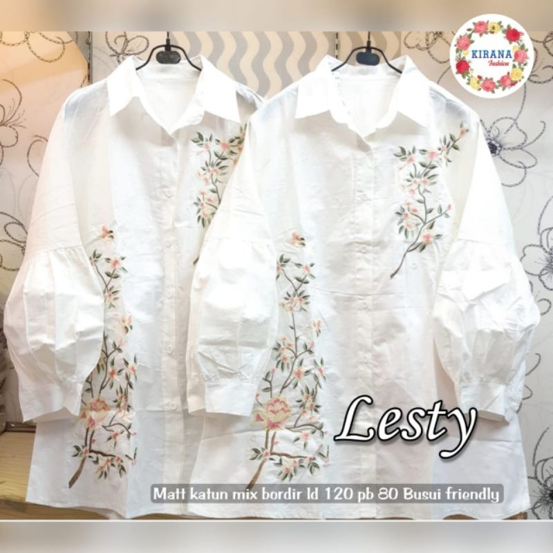 Lesty Kemeja Tunik Balon White Putih Polos Katun Import Bordir Bunga Ld 120 Jumbo Fit XXL By Kirana