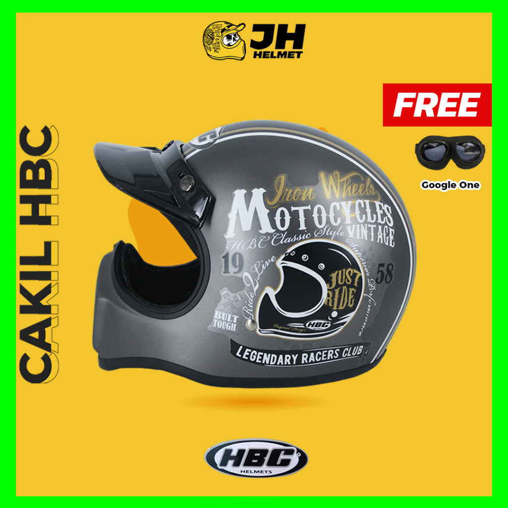 Helm Cakil HBC Just Ride Grey Doff + FREE GOGGLE | Retro Full Face | JUAL HELM