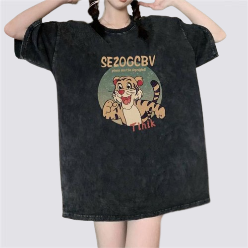 XIAOZHAINV Korean Style Tiger Anime Pattern Washed Printing Kaos Wanita