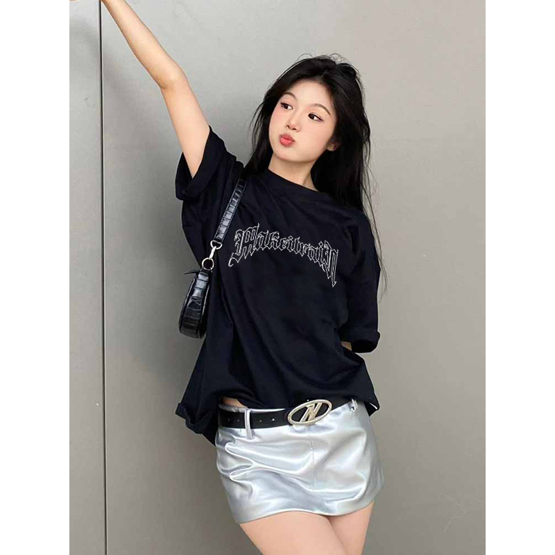 EUNII T-shirt Lengan Pendek Vintage Putih English Design Painting Printing Korean Style/Kaos Atasan Wanita/Baju Wanita/Kaos Wanita