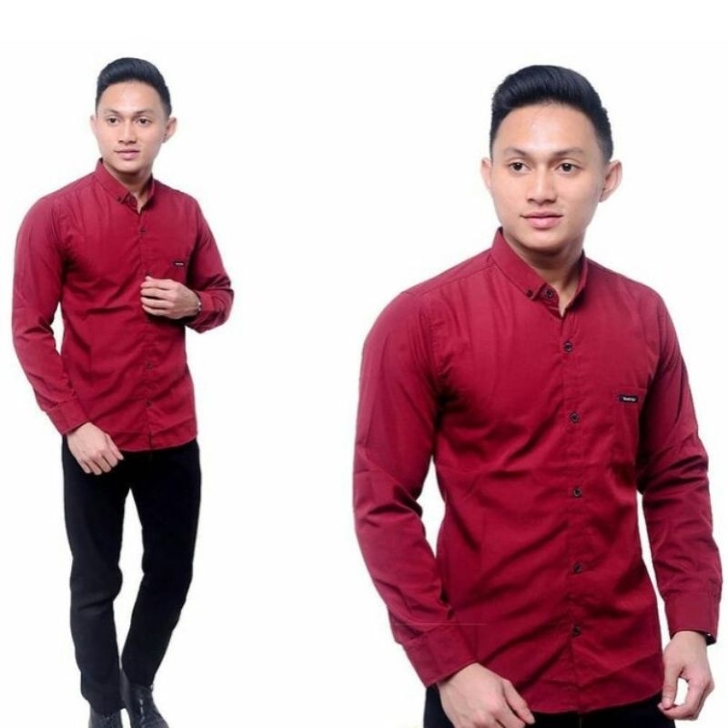 Baju Kemeja Polos Pria Lengan Panjang Merah Maroon