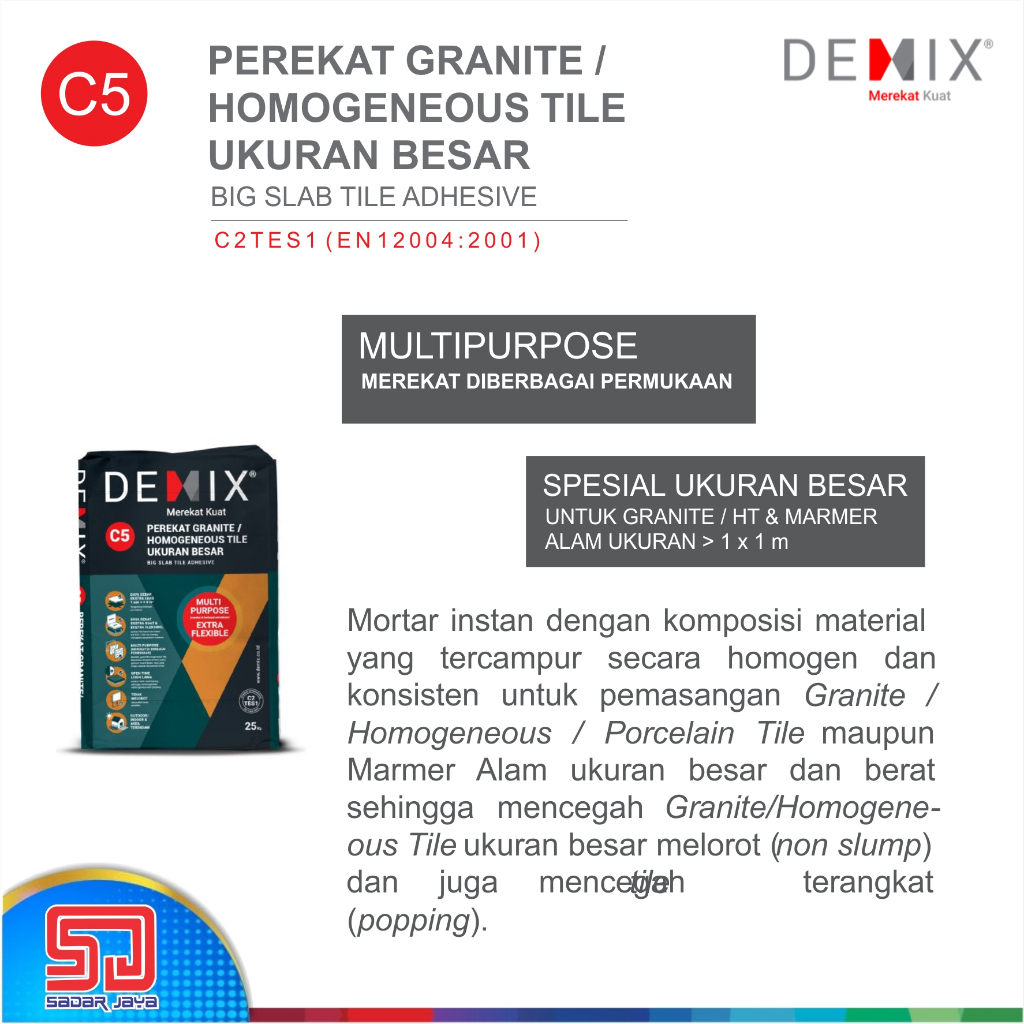 Semen Instan DEMIX C5 Perekat Granit Ukuran Besar Mortar Instant Granite Homogeneous Tile Adhesive Big Slab