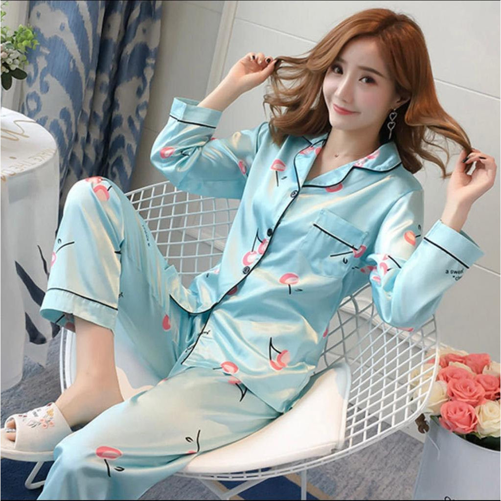 Ready Stock!!! Baju Tidur Piyama Set Bahan Satin Motif Lengan Panjang Celana Panjang / Piyama Import / Super High Quality / Baju Tidur Import / Baju Tidur Murah / Piyama Set / Baju Tidur Set