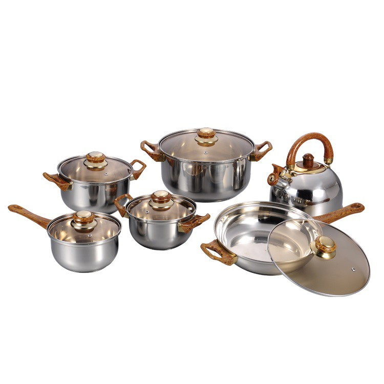 Panci Set Kayu 12 Pcs Stainless / Panci Cookware Set Gagang Kayu Stainless