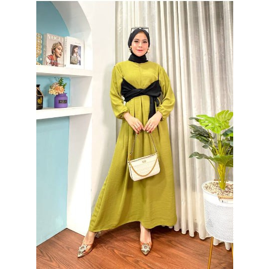 Gamis Dress Wanita Lesty Maxi Jumbo Kekinian Bahan Crinkle Airflow Tali Silang Busui Ld 110 Viral Terbaru