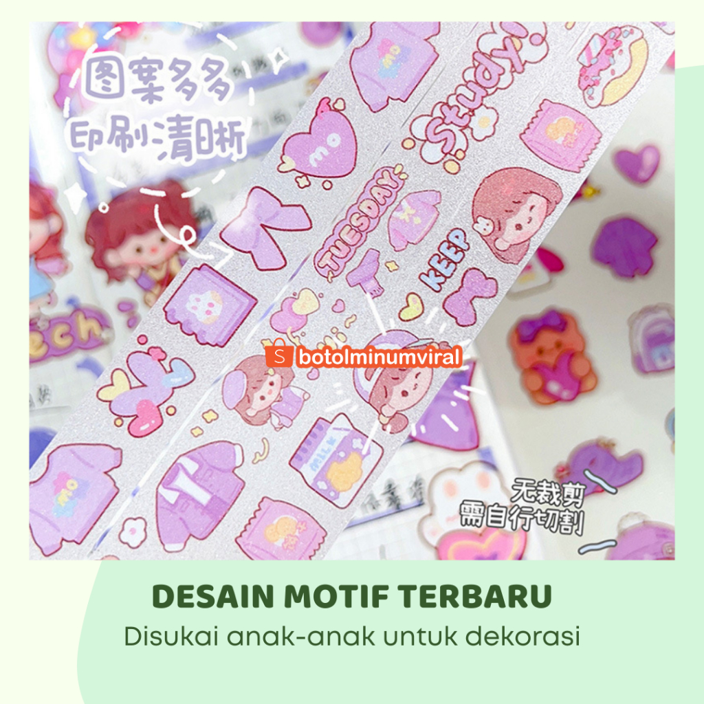 Sticker Momo Kartun Korea Lucu Set Roll Washi Tape Glitter New Viral