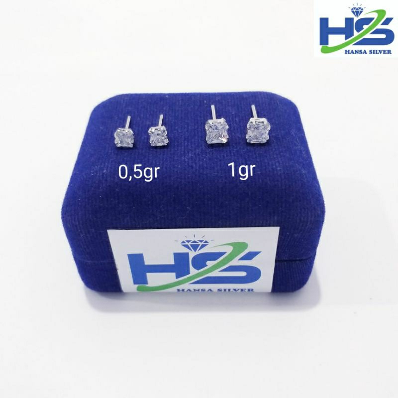 Anting Tusuk Desi Perak Silver Asli 925 Lapis Emas Putih Model Giwang Desi Batu Kotak Persegi 0,5Gra