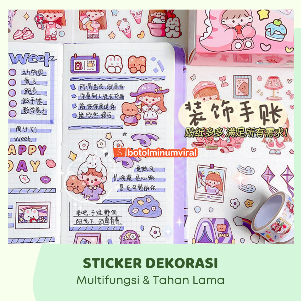 Sticker Momo Kartun Korea Lucu Set Roll Washi Tape Glitter New Viral