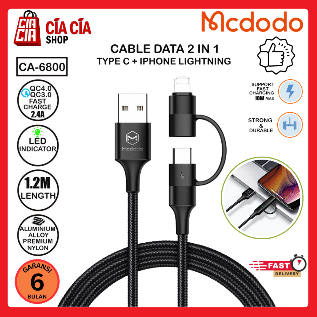 MCDODO CA-6800 Kabel Charger Usb To Type C + Lightning Cable 2 In 1 Led QC 4.0 Fast Charging 3A Kabel USB Lightning + Type C