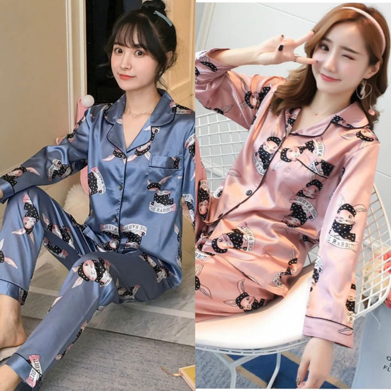 Ready Stock!!! Baju Tidur Piyama Set Bahan Satin Motif Lengan Panjang Celana Panjang / Piyama Import / Super High Quality / Baju Tidur Import / Baju Tidur Murah / Piyama Set / Baju Tidur Set