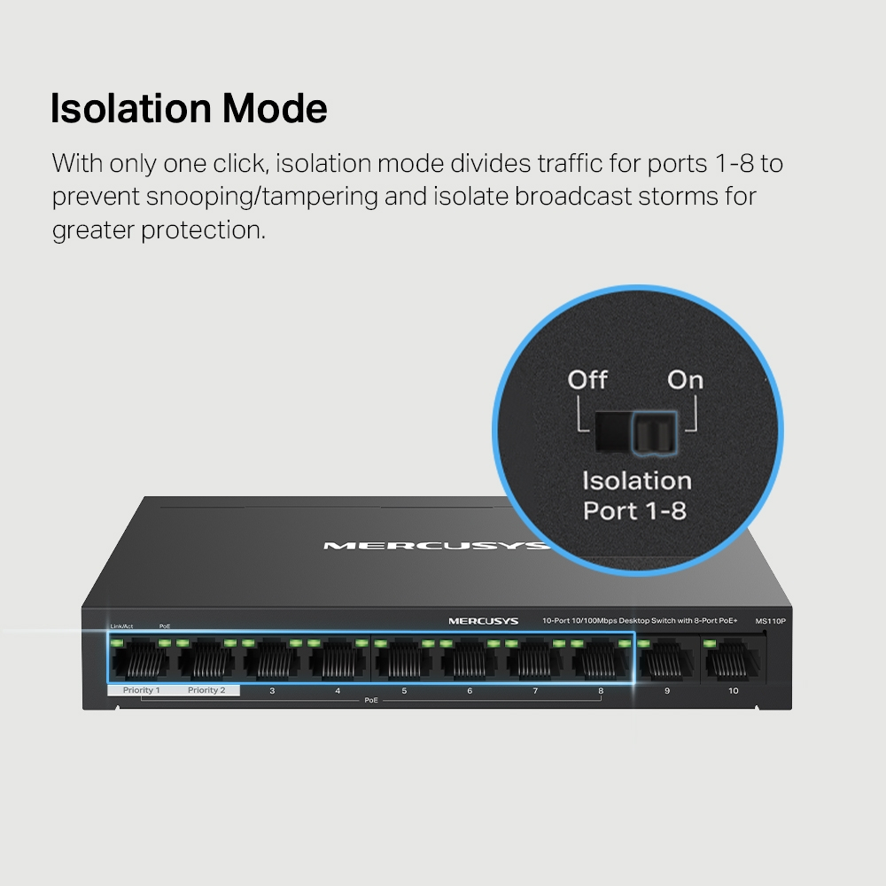 Mercusys MS110P 10-Port 10/100Mbps Desktop Switch with 8-Port PoE+