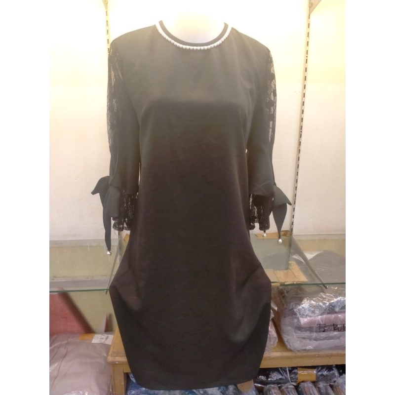 Baju dress scuba wanita tgn pdk kombinasi brokat modis elegant