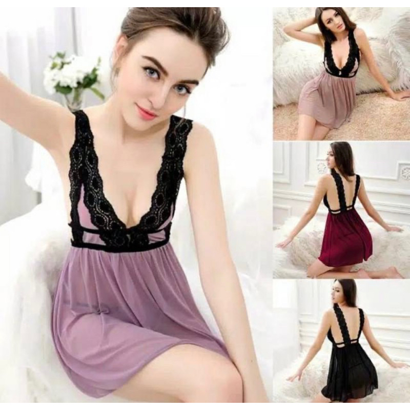 L-03  Baju Tidur Wanita Lingerie Seksi Cewek Tali Brukat Transparant Lingeri Pakaian dalam Wanita-2