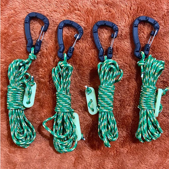 ABS carabiner Tali flysheet tenda guyline tensioner glow in the dark 2.5 meter 4 pcs