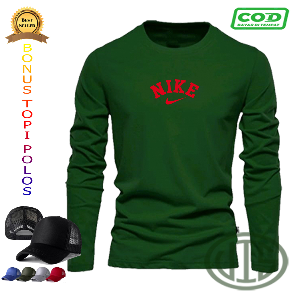GRATIS TOPI...Kaos Lengan Panjang NIKE 0001 MERAH+TOPI Distro Premium / Kaos Murah COTTON 30S / Kaos