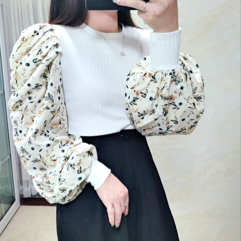 Atasan baju blus blouses blouse kemeja lengan panjang tangan balon baloon puff knit knited bunga bun