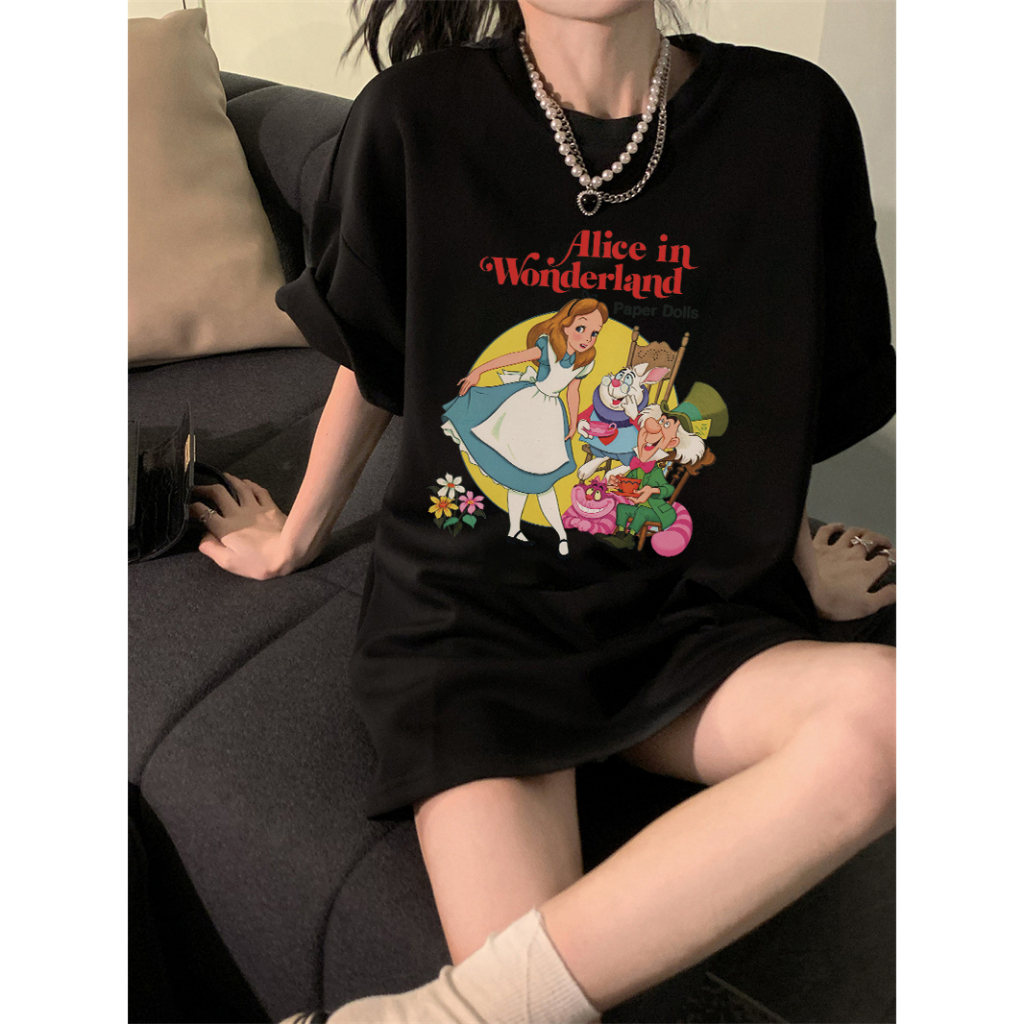 Kemeja oversize wanita lengan pendek heart graffiti print Alice In Wonderland T-shirt import kaos wanita korean style premium kaos hitam ootd