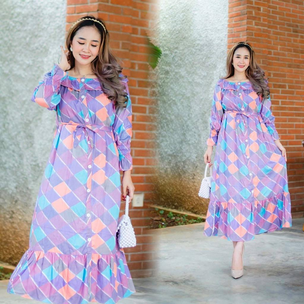 BAJU WANITA TERBARU DRESS MIDI FULL KANCING LENGAN PANJANG GAUN A-LINE LD120 PB130