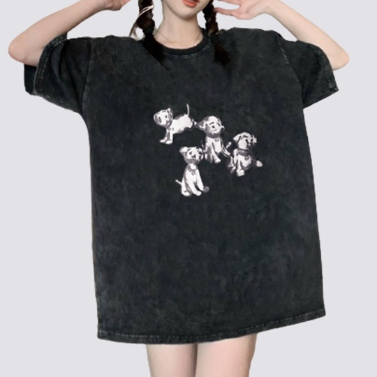 XIAOZHAINV Korean Style Dog Print Pattern Washed Printing Kaos Wanita