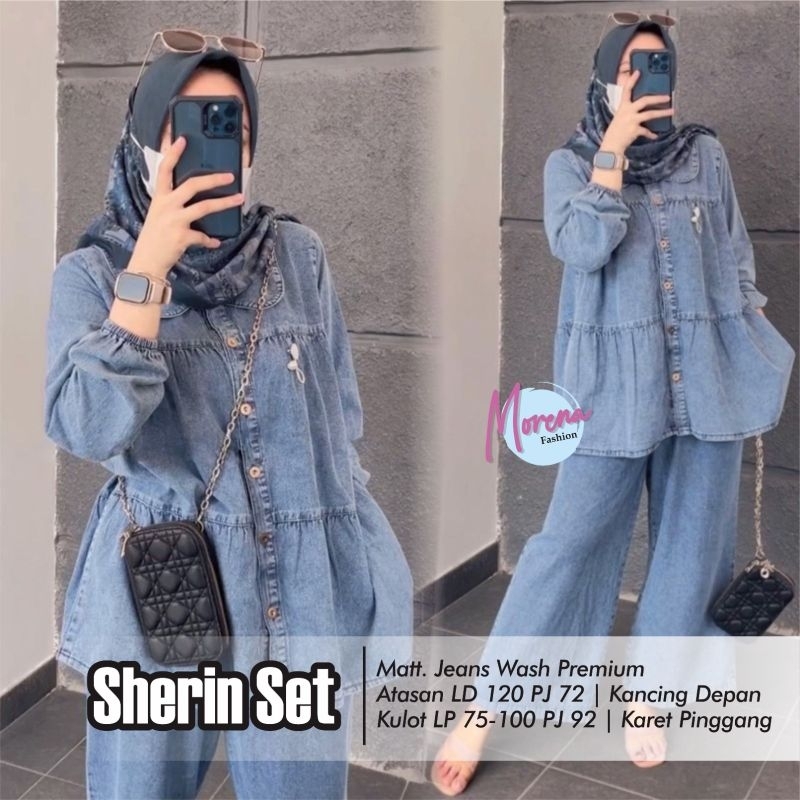 SETELAN BLOUSE WANITA JUMBO/SHERIN/ONESET BLOUSE WANITA JEANS WASH PREMIUM JUMBO LD 120 CM FIT XXL