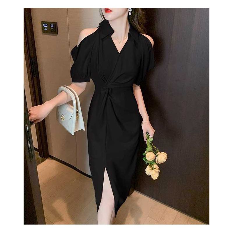 Dress wanita hitam  model bolong Korea  lengan pendek Korea elegant