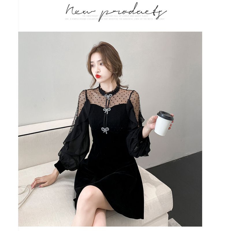 Dress wanita hitam model seksi bertali Korea lengan panjang elegant
