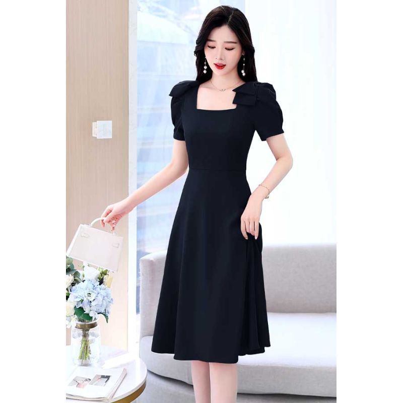 Dress wanita hitam model kerah lebar katun Korea lengan pendek elegant