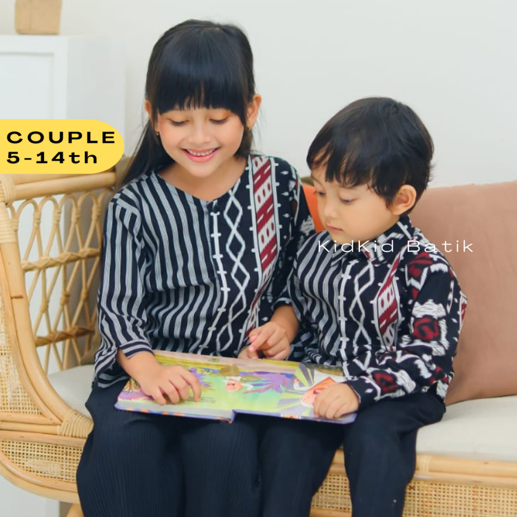 Baju Hem Kemeja Batik Anak Laki Perempuan Cowok Cewek Lengan Panjang Lurik Premium Hitam Putih Coupl
