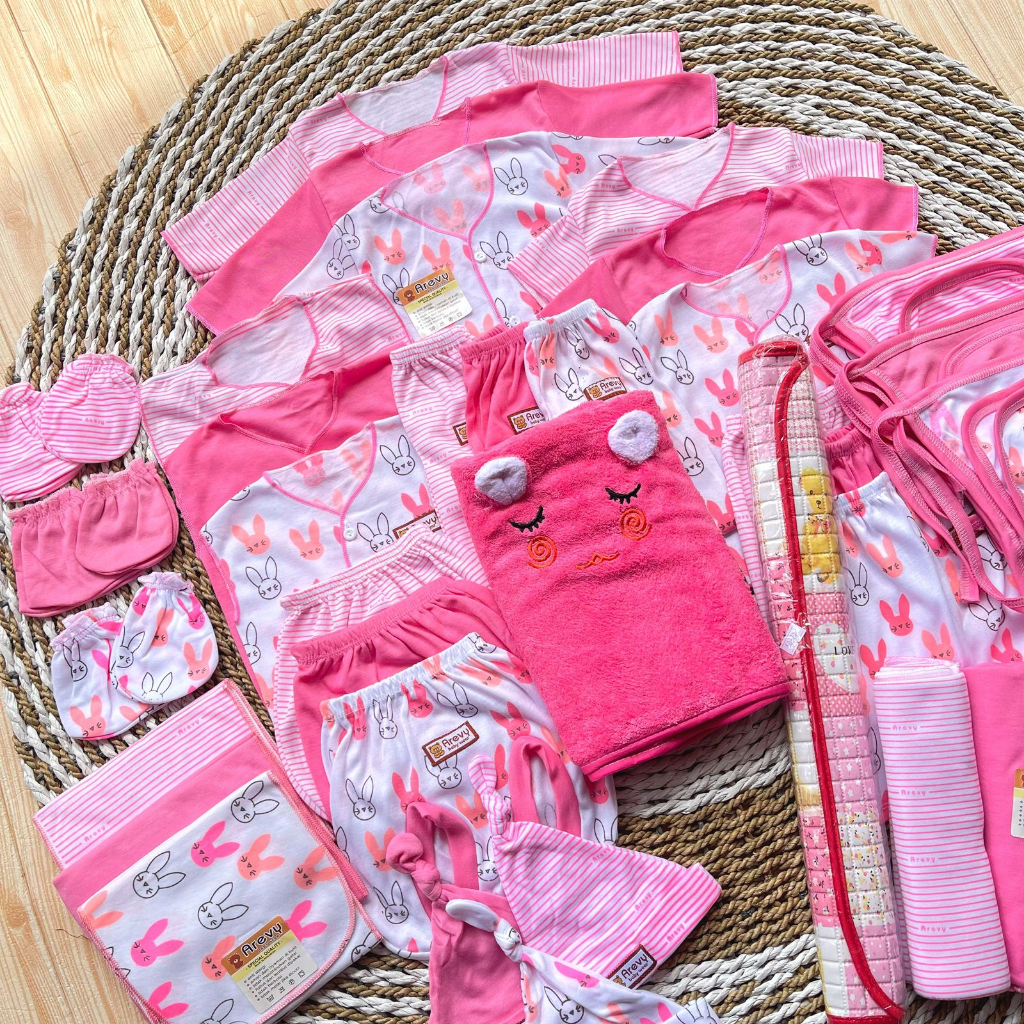 Arevy Babywear Paket Baju Bayi 50 Pcs Seri Pink Paket Hemat Super Lengkap Murah Berkualitas Komplit Perlengkapan Baby Newborn 0-3 Bulan